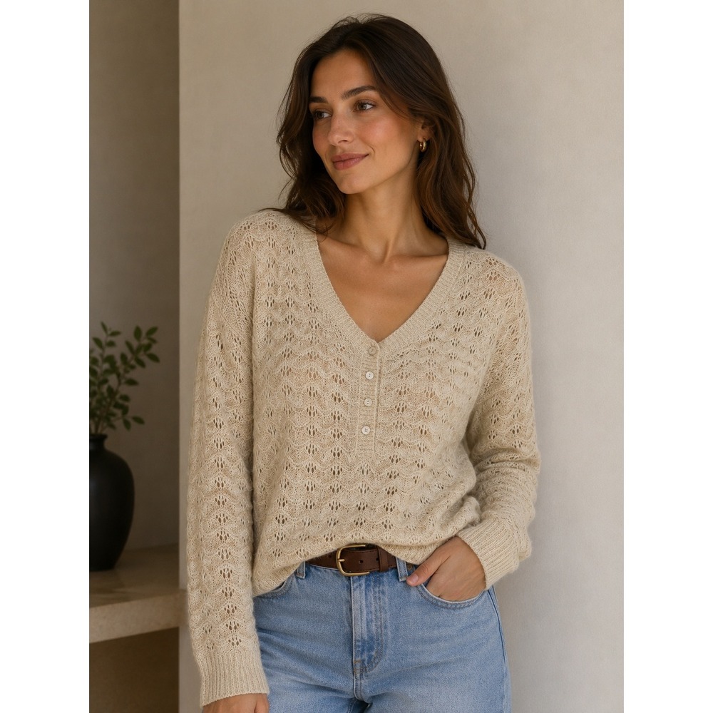Henley Sweater XL Cream Pointelle Knit Boho Minimal Cottage Neutral Beachy Boho
